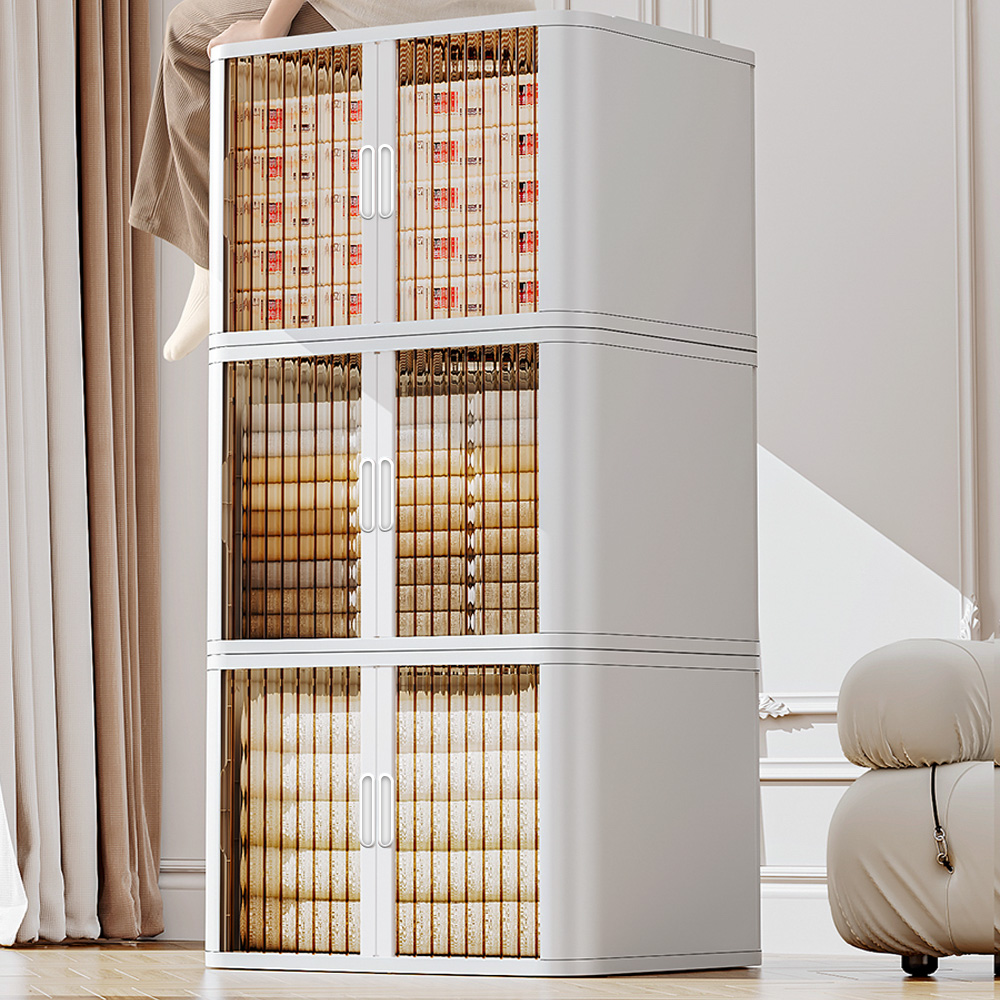 쓰리도어 화이트 투명 리빙박스 접이식 폴딩박스 중형 옷정리함