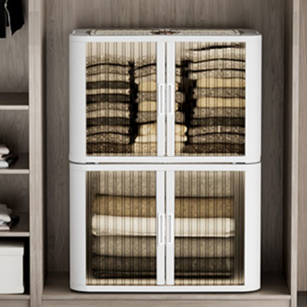 쓰리도어 화이트 투명 리빙박스 접이식 폴딩박스 중형 옷정리함