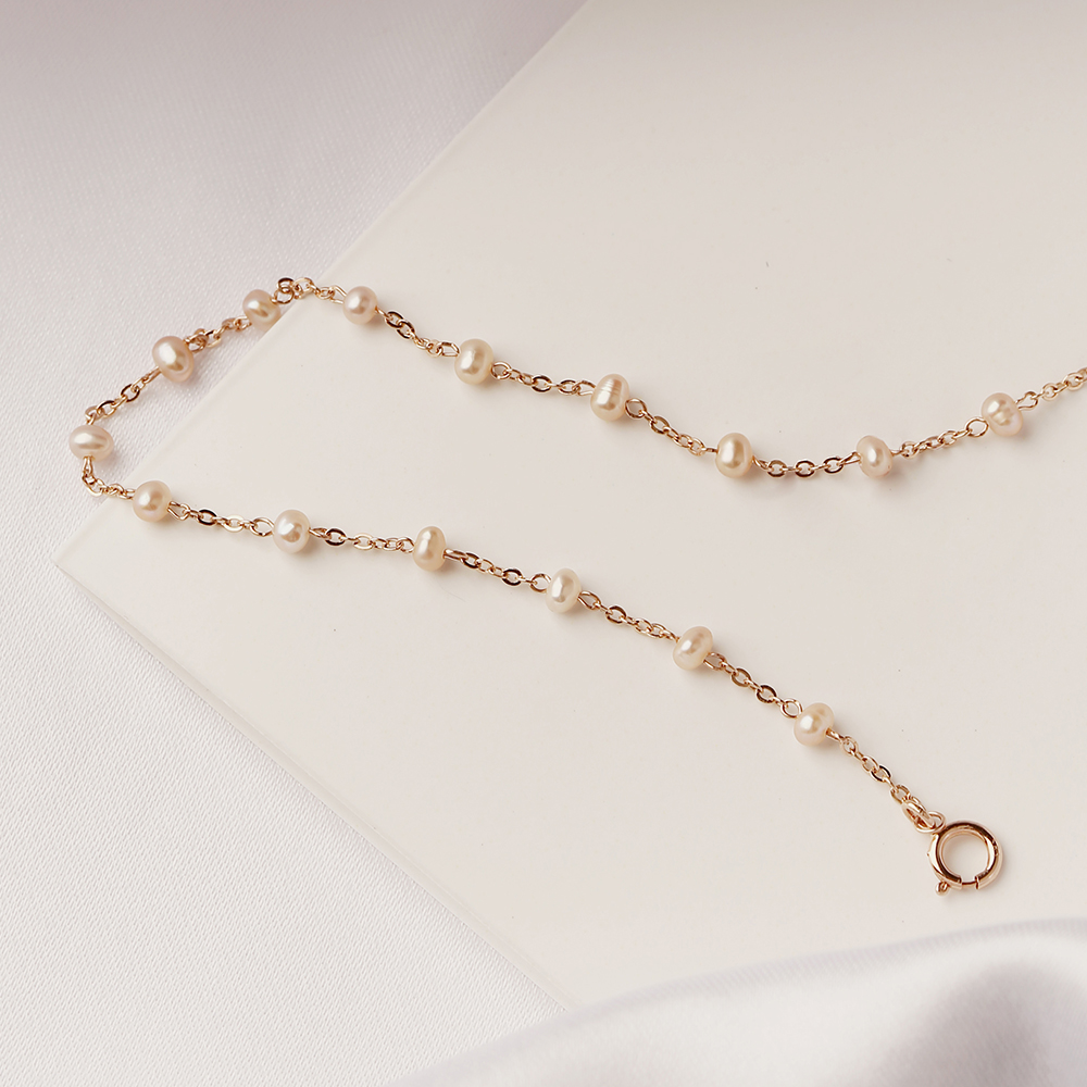 14K 핑크 못난이 담수진주 팔찌 - 원석 체인 얇은 슬림 진주 금팔찌