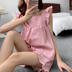 냉감파자마 냉장고 끈나시 체크무늬 바스락 쿨 프릴 잠옷 착용 후기 | 사이즈/핏 총정리 - 상품 이미지 1