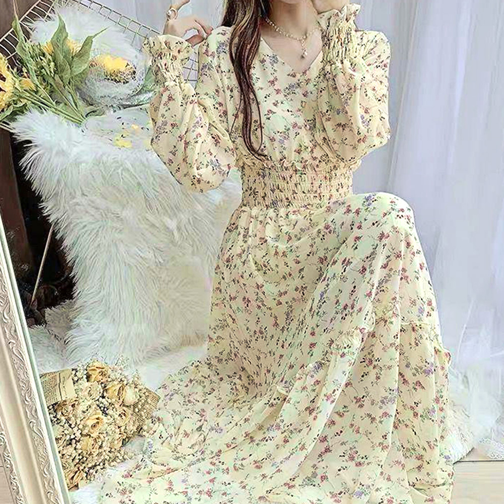 긴팔원피스 플라워 밴딩 예쁜 플리츠 봄가을 A라인 맥시 롱원피스 이미지 3