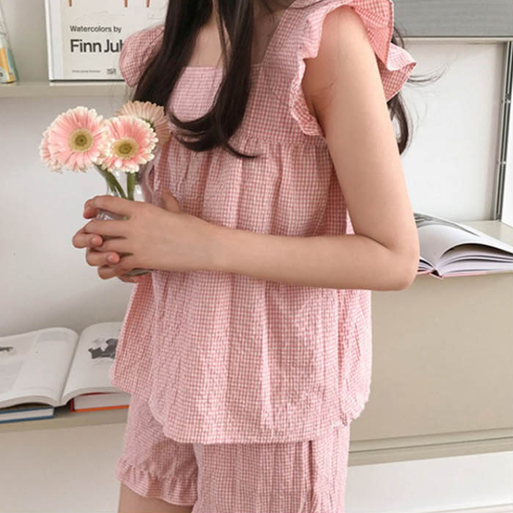 냉감파자마 냉장고 끈나시 체크무늬 바스락 쿨 프릴 잠옷 이미지 2