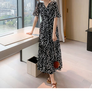 블랙 플라워 플리츠 맥시 롱 원피스 꽃무늬 반팔 휴양지 여름 비치 바캉스... 착용 후기 | 사이즈/핏 총정리 - 상품 이미지 4