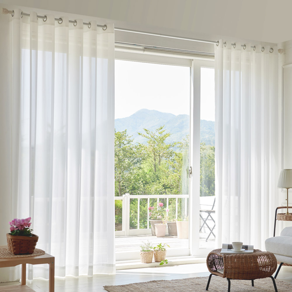 뷰하우스 스트라이프 쉬폰 나비주름 속지 맞춤커튼