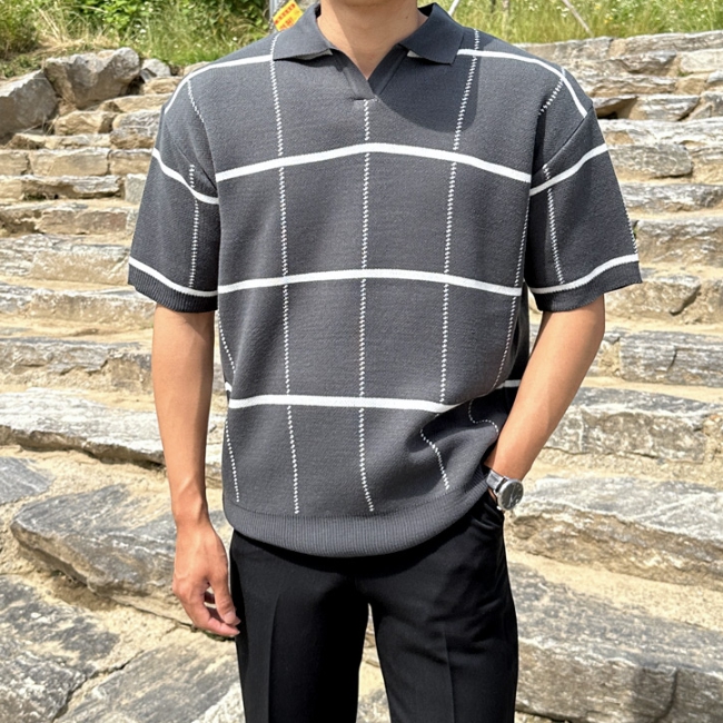 남자 구리엘 여름 오버핏 지그패턴 오픈 반팔 카라 니트 - 상세 이미지 5