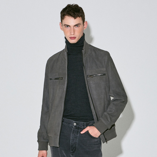 [로보] 니트 트리밍 램스킨 집업 재킷(남성용) DMJ22B001