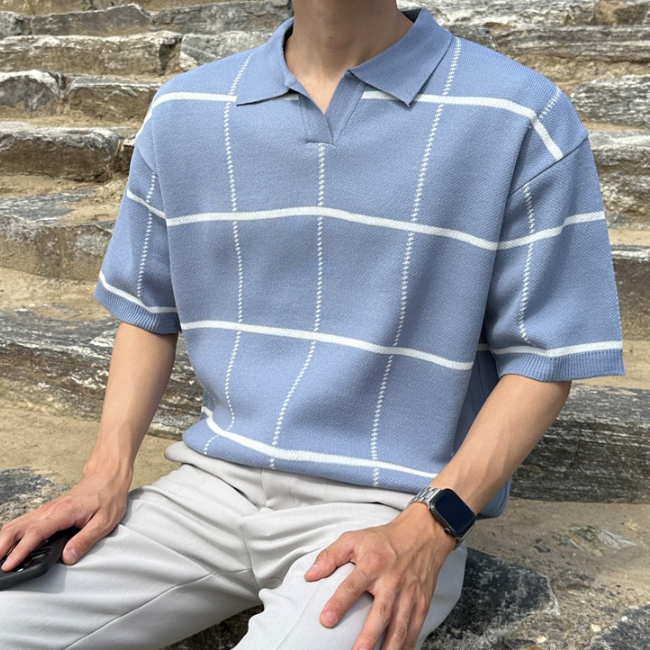 남자 구리엘 여름 오버핏 지그패턴 오픈 반팔 카라 니트 이미지 6