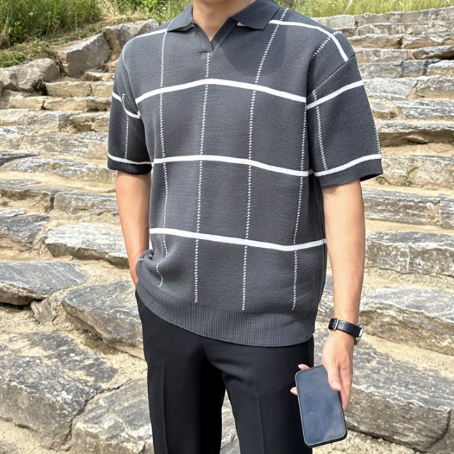 남자 구리엘 여름 오버핏 지그패턴 오픈 반팔 카라 니트 이미지 8