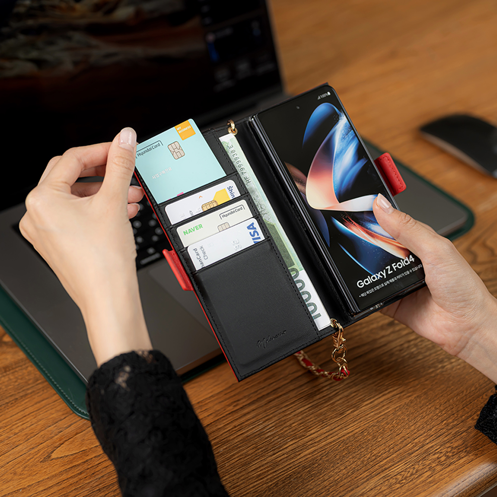 모란카노 갤럭시 Z폴드7 엘레나 스트랩 가죽 다이어리 힌지보호 핸드폰 케이스 레드 - 상세 이미지 5