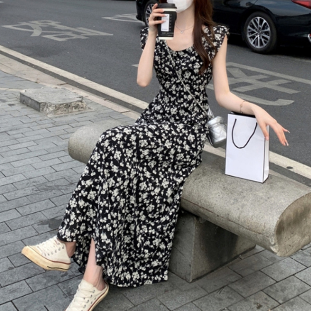 롱 원피스 여름 봄 가을 플라워 꽃무늬 예쁜 휴양지 블랙 여자 여성 나시 민소매 검정 이미지 1