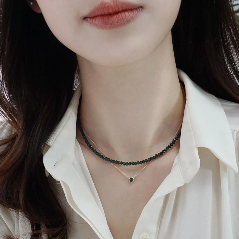 오스트리아 정품 크리스탈 에메랄드 딥 그린 비즈 초커 레이어드 일체형 목걸이 세트 - 상품 이미지