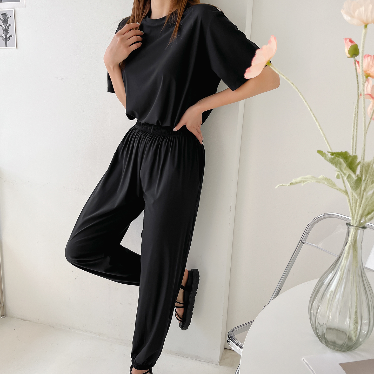 여성 냉장고바지 냉감 쿨링 아이스 쿨 와이드 팬츠 조거 통 롱 밴딩 여름 - 상세 이미지 2