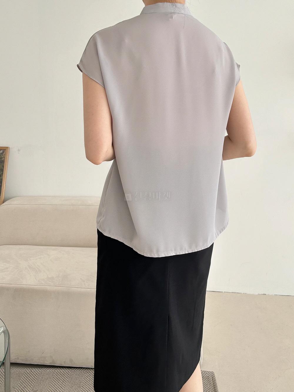 여성 여름 민소매블라우스 쉬폰 오픈카라 정장 캡소매 반팔 블라우스 이미지 6