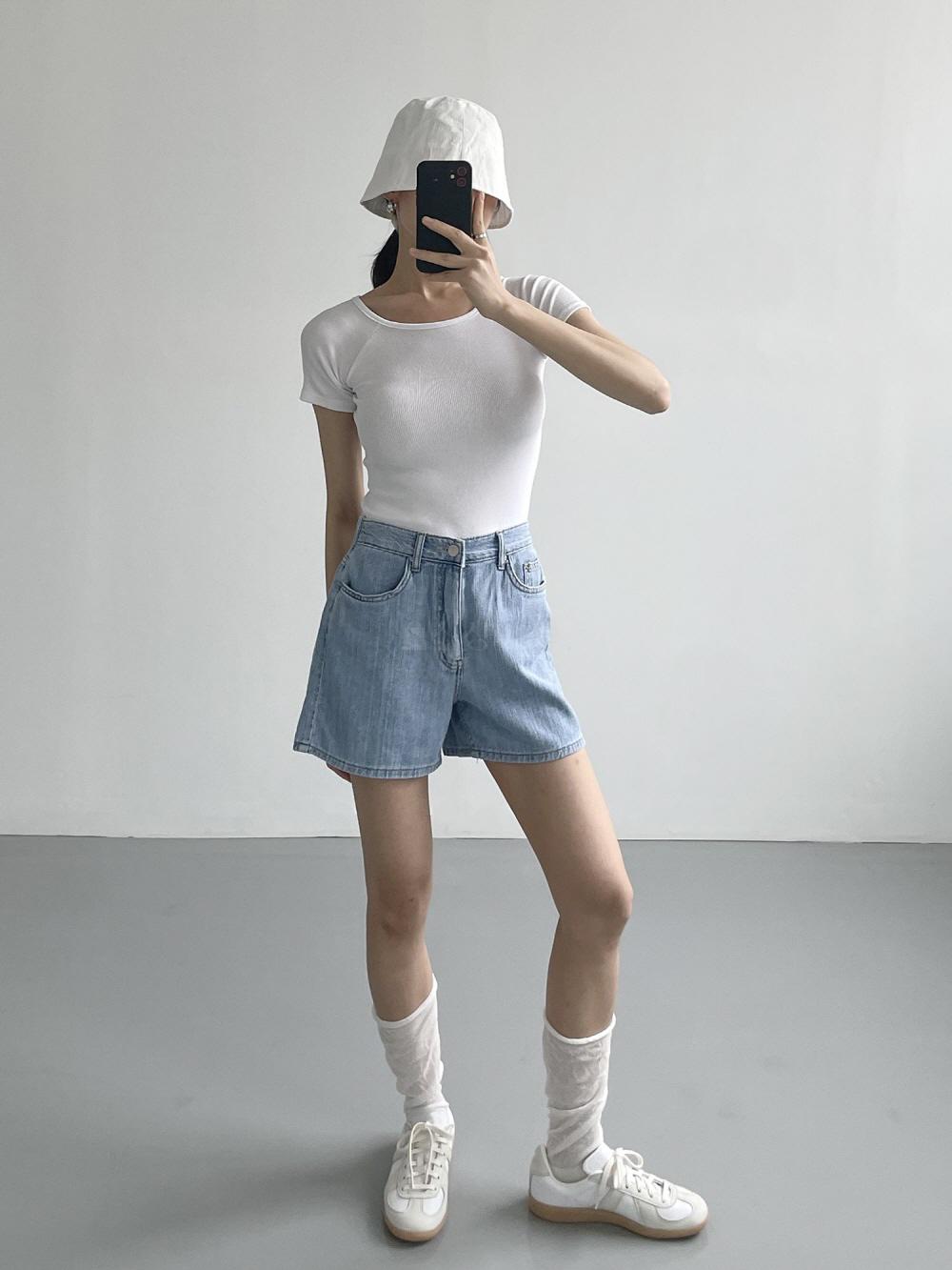 여성 여름 청반바지 뒷밴딩 린넨 4부 하이웨스트 데님 숏팬츠 - 상세 이미지 2