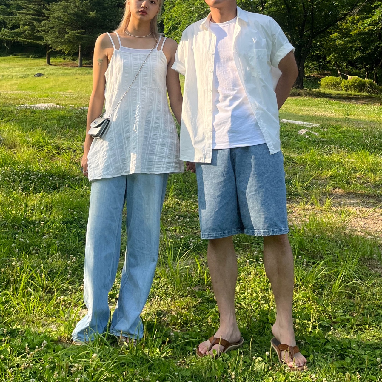 커플 시밀러룩 레이어드원피스 연청바지 n 바스락반팔셔츠 핀턱팬츠 - 상세 이미지 5