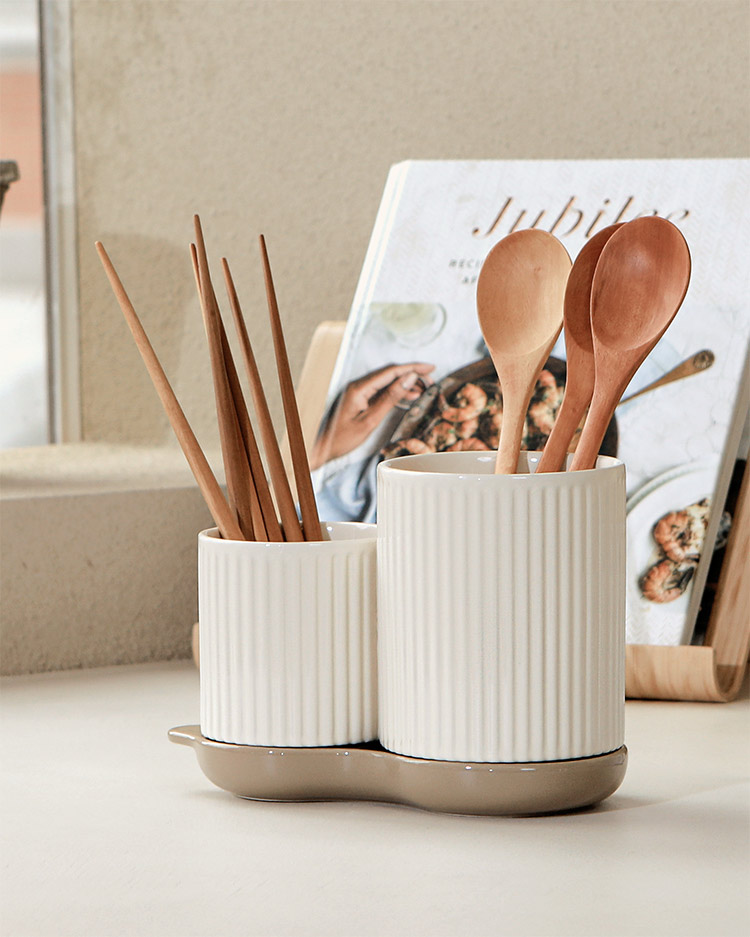 플리츠 트윈 물빠짐 수저통 일체형 도자기 수저정리함