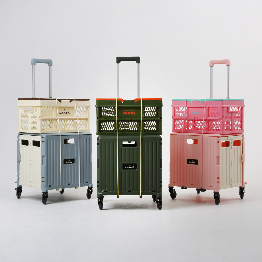 담다 장바구니캐리어 바퀴달린 폴딩카트4바퀴 시장바구니 접이식카트 마트 캠핑 손수레 핑크