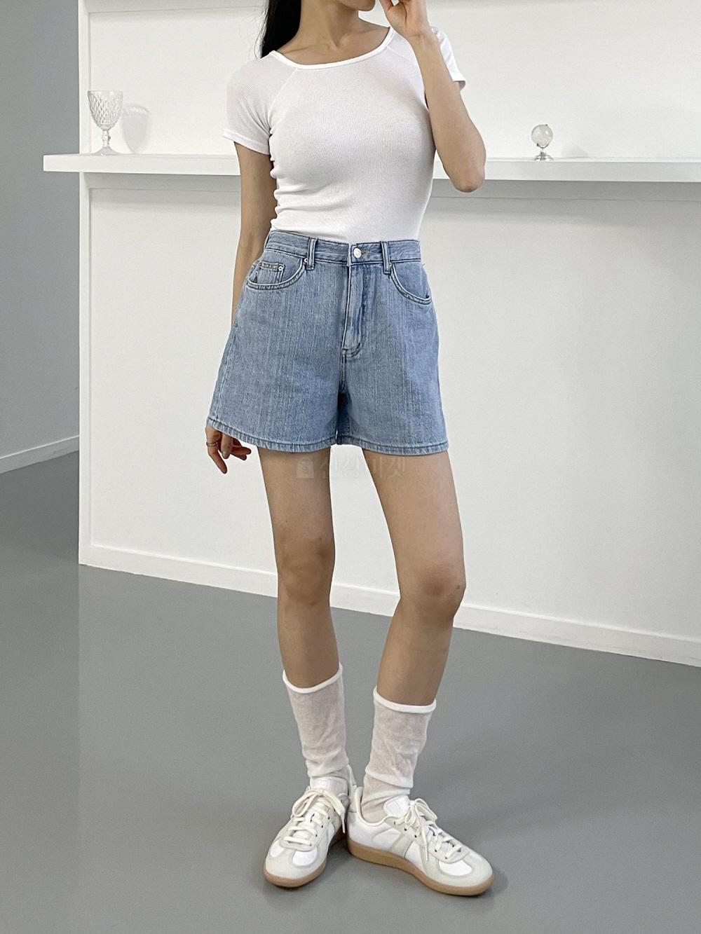 여성 여름 청반바지 뒷밴딩 린넨 4부 하이웨스트 데님 숏팬츠 - 상세 이미지 4