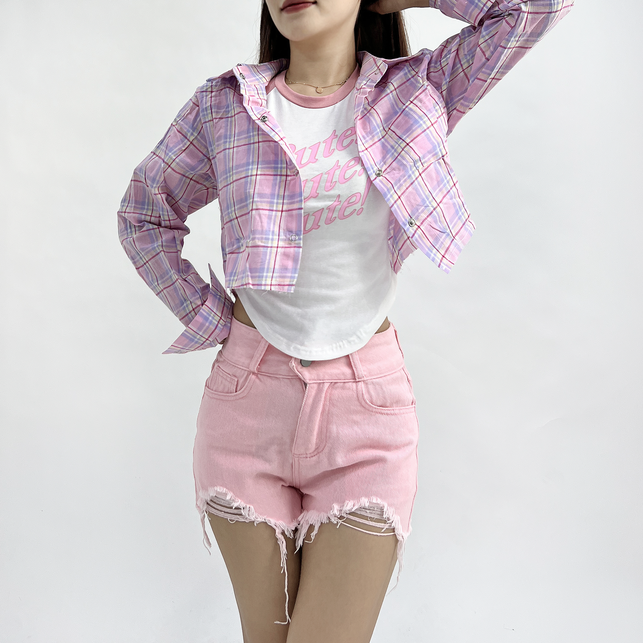 이트 크롭 린넨 체크 패드 남방 셔츠 (민트/핑크) 이미지 4