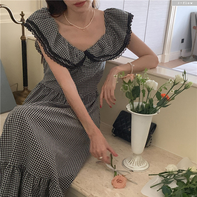 리에로 깅엄체크 프릴카라 민소매 롱원피스 (블랙) 여름 레이스자수 허리끈 코튼 제이플로우 이미지 6