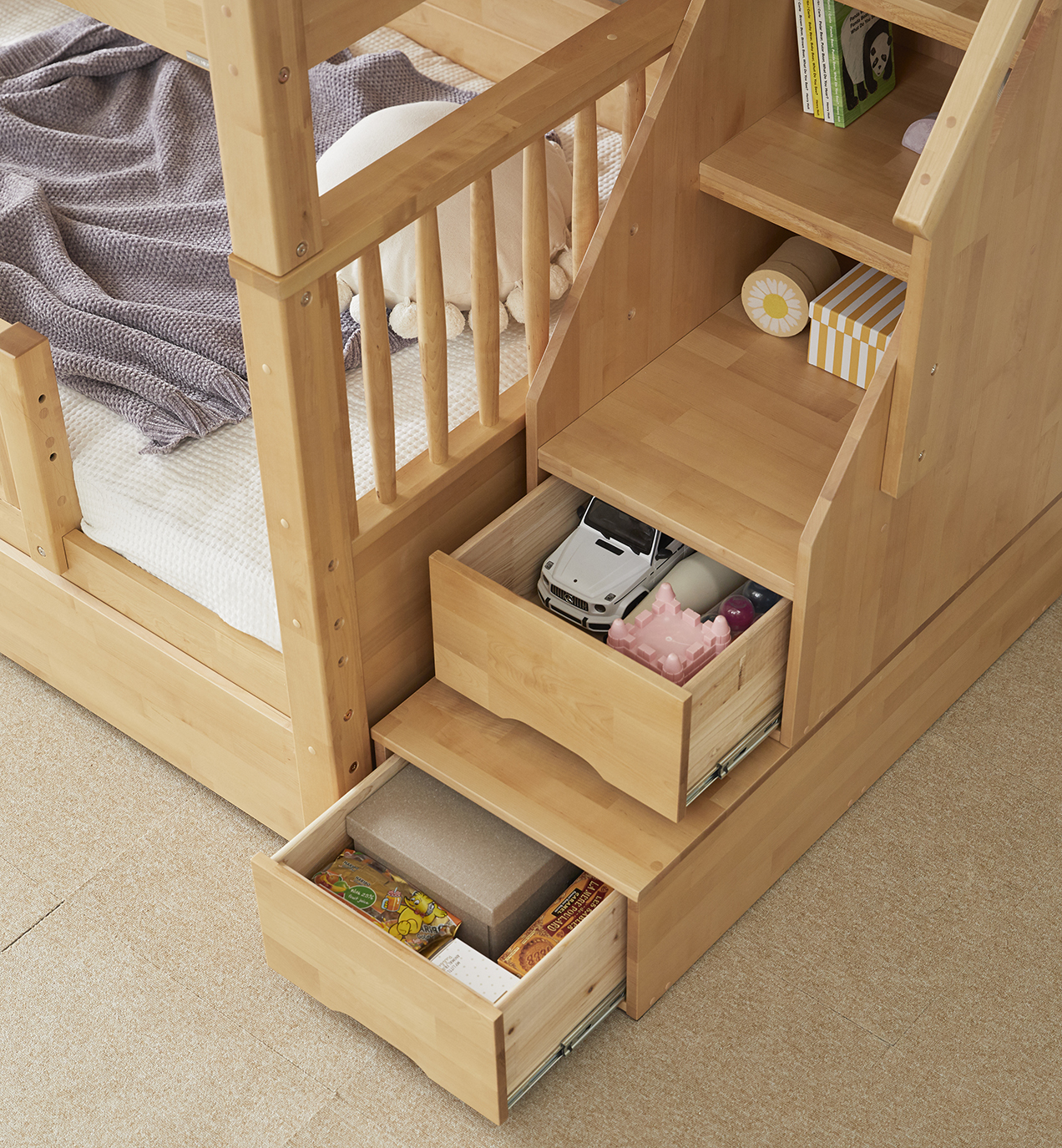 우드몽드 국내제작 자작나무 원목 수납형계단사다리 2층침대 1층 가드,하단 서랍 미포함