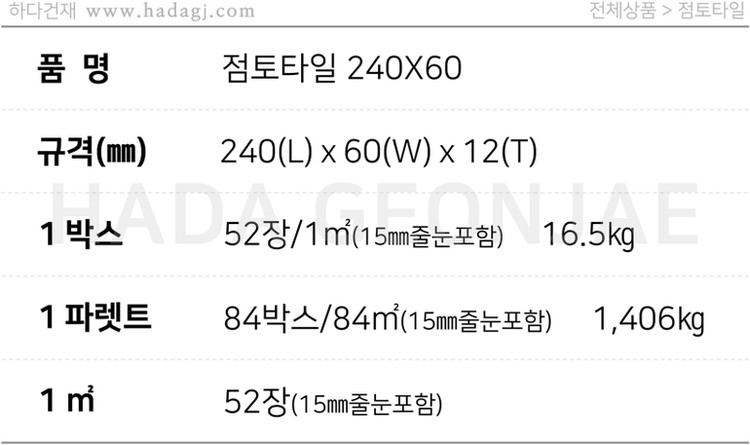 점토타일 전돌 240x60x12T / 하다건재 파벽돌