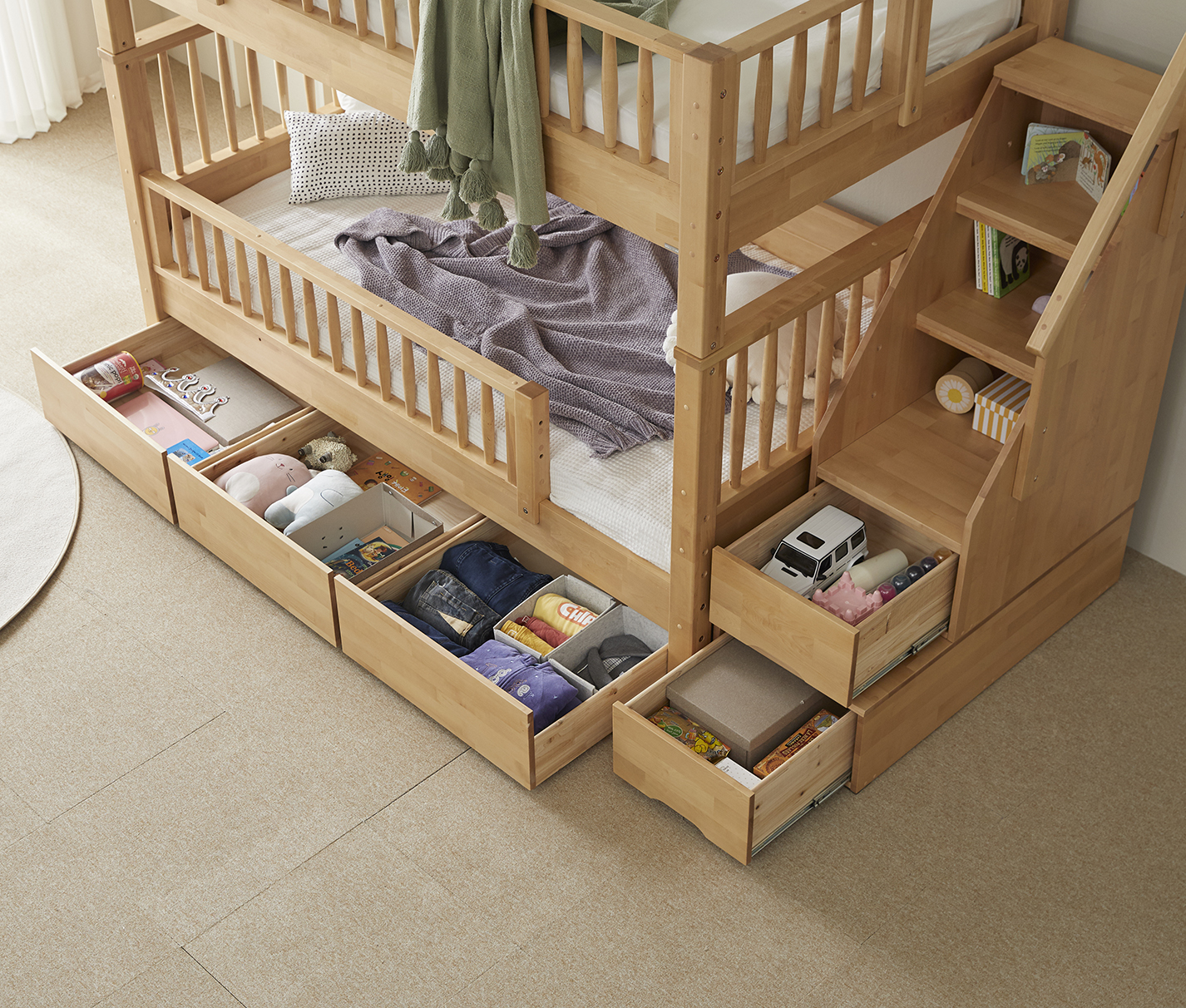 우드몽드 국내제작 자작나무 원목 수납형계단사다리 2층침대 1층 가드,하단 서랍 미포함