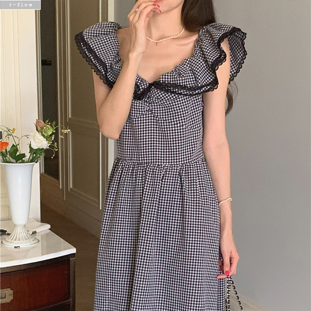 리에로 깅엄체크 프릴카라 민소매 롱원피스 (블랙) 여름 레이스자수 허리끈 코튼 제이플로우 이미지 8