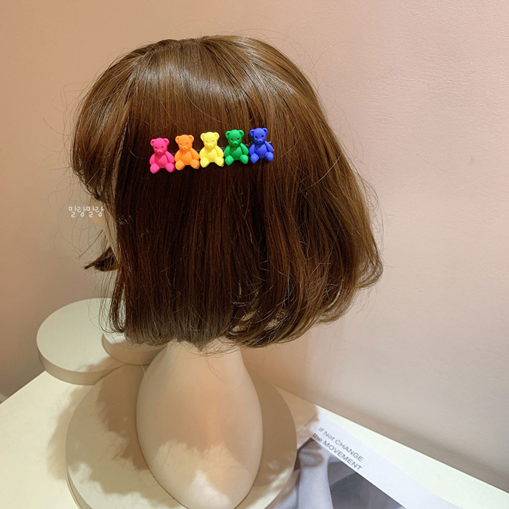레인보우 곰돌이집게핀 옆머리핀 예쁜 무광 헤어핀 - 상세 이미지 3