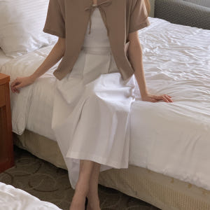 멜팅 썸머 리본 매듭 포인트 라운드넥 노카라 반팔 오픈 하객룩 오피스룩 ... 착용 후기 | 사이즈/핏 총정리 - 상품 이미지 3
