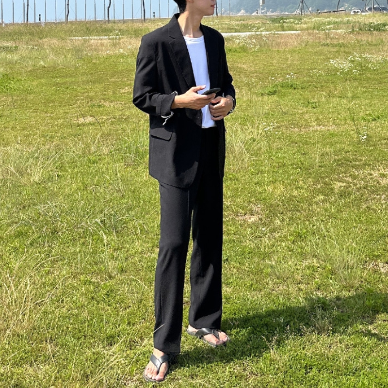 남자 싱그라니 여름 엠보 린넨 셋업 수트 정장 세트 블랙 베이지 - 상세 이미지 4