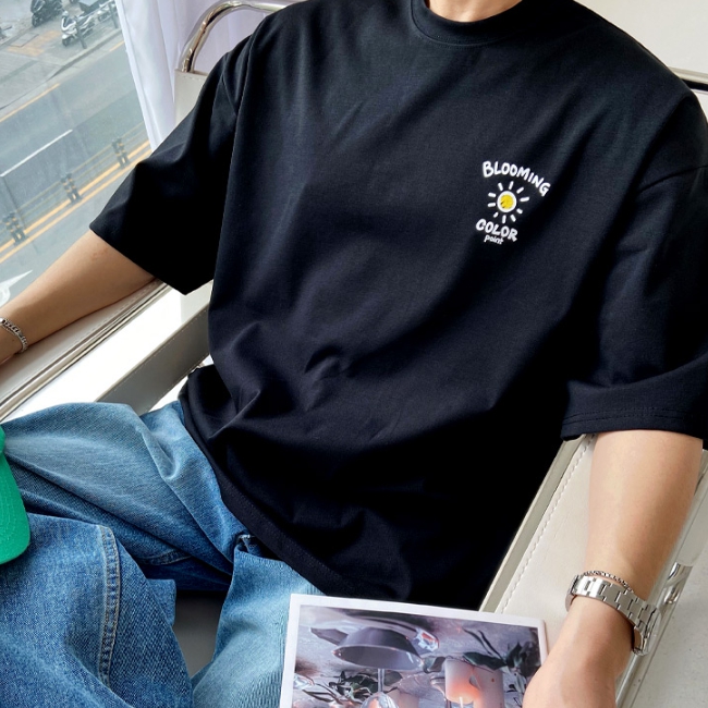 남자 꽃곰돌이 여름 오버핏 아이스 분또 면 반팔티 블랙 화이트 이미지 3
