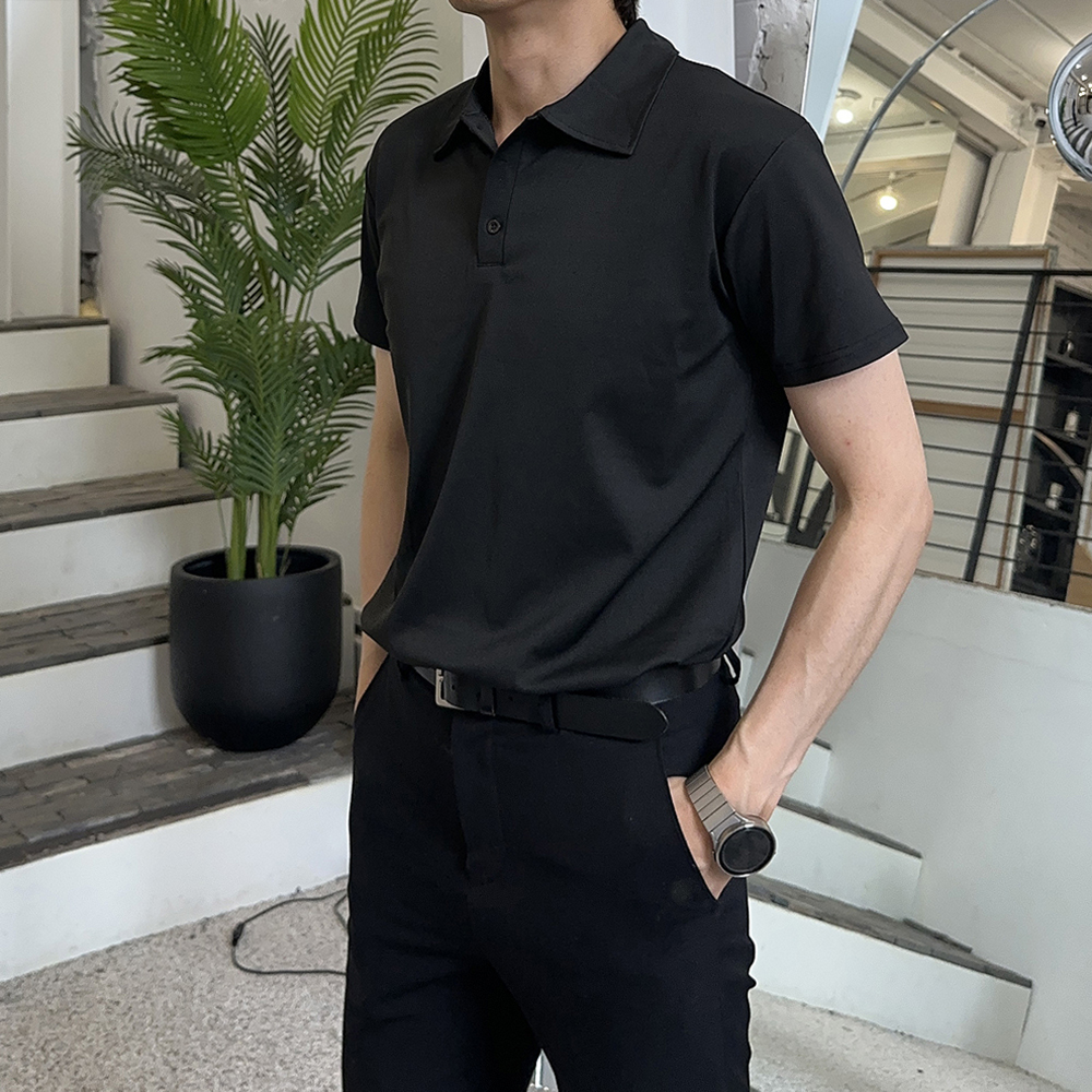 남자 반팔티 여름 쿨 헨리넥 구김없는 남성 반팔 카라티 - 상세 이미지 4