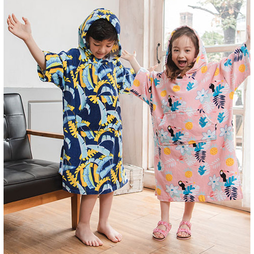 어린이 주니어 초등 목욕 후드 비치 타올 샤워 가운 판초 물놀이 후드가운 트로피컬핑크