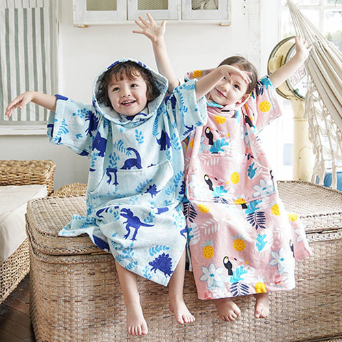 어린이 주니어 초등 목욕 후드 비치 타올 샤워 가운 판초 물놀이 후드가운 트로피컬핑크