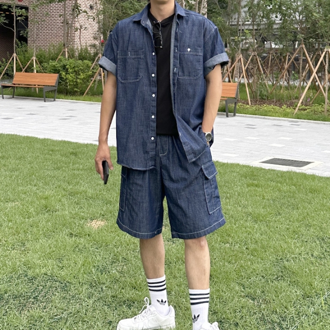 남자 보본 오버핏 봄 여름 스티치 생지 반팔 데님 셔츠 - 상세 이미지 3