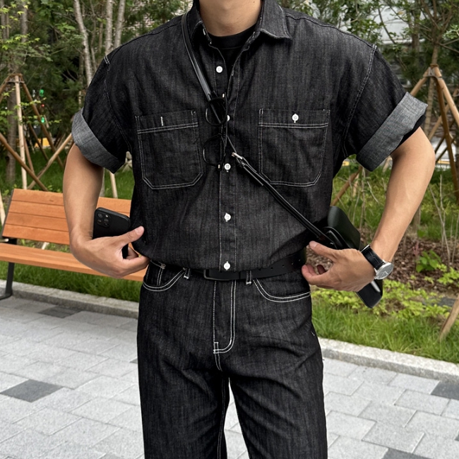 남자 보본 오버핏 봄 여름 스티치 생지 반팔 데님 셔츠 - 상세 이미지 5
