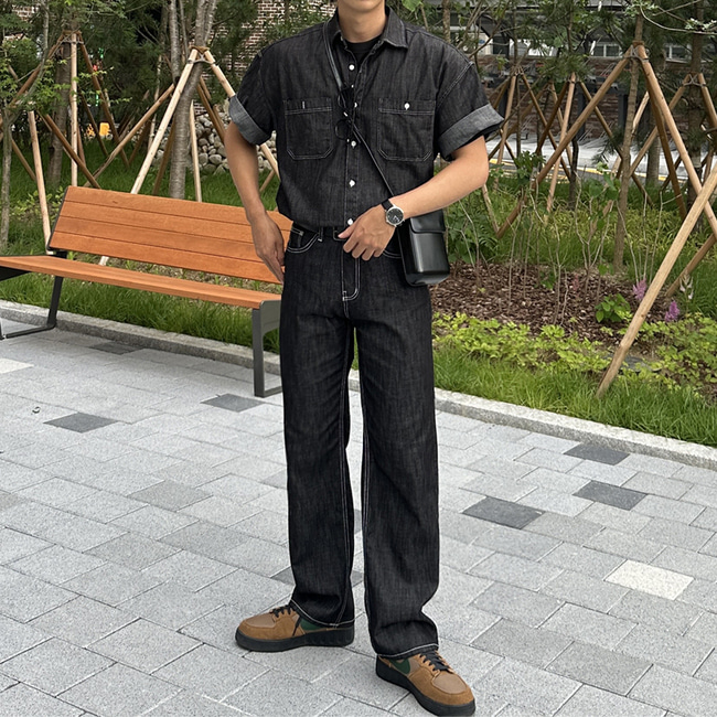 남자 보본 오버핏 봄 여름 스티치 생지 반팔 데님 셔츠 - 상세 이미지 2