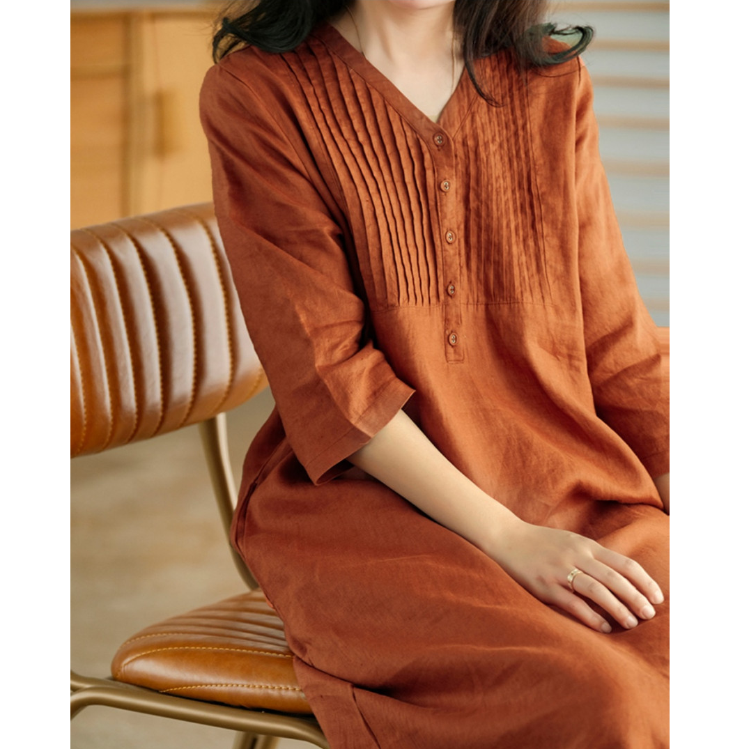 여름 브이넥 핀턱 린넨원피스 40 50대여성의류 미시옷 엄마옷