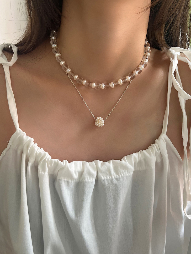 [925 Silver]ボールド 水晶 真珠 チョーカー ネックレス 韓国 