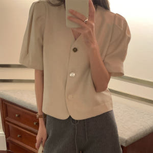 밀가 여자 여름 노카라 브이넥 소매 반팔 셔링 핀턱 퍼프 벌룬 린넨 하객... 착용 후기 | 사이즈/핏 총정리 - 상품 이미지 1
