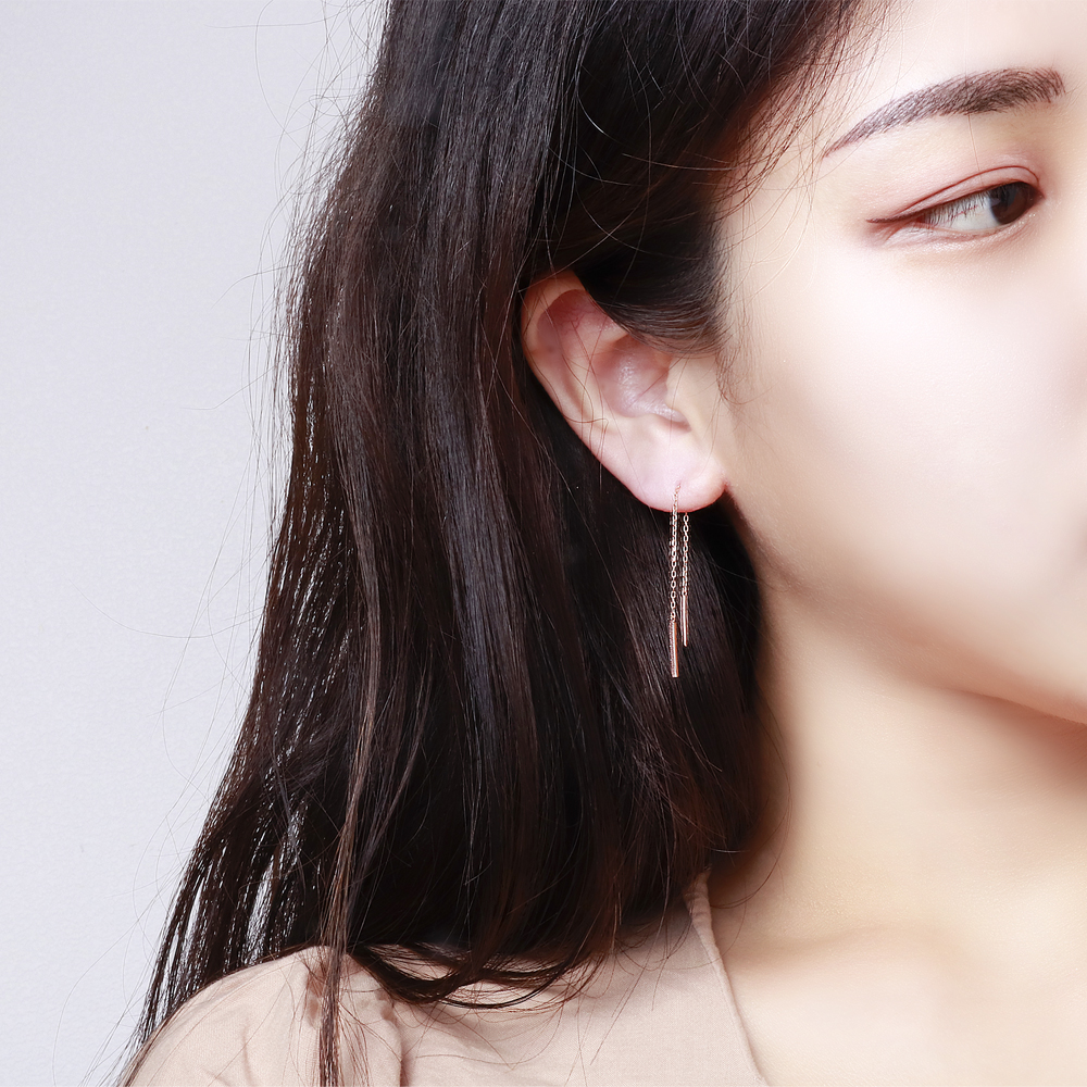 14K 롱 체인 드롭 큐빅 귀걸이 관통형 18K 실 줄 스틱 이미지 8