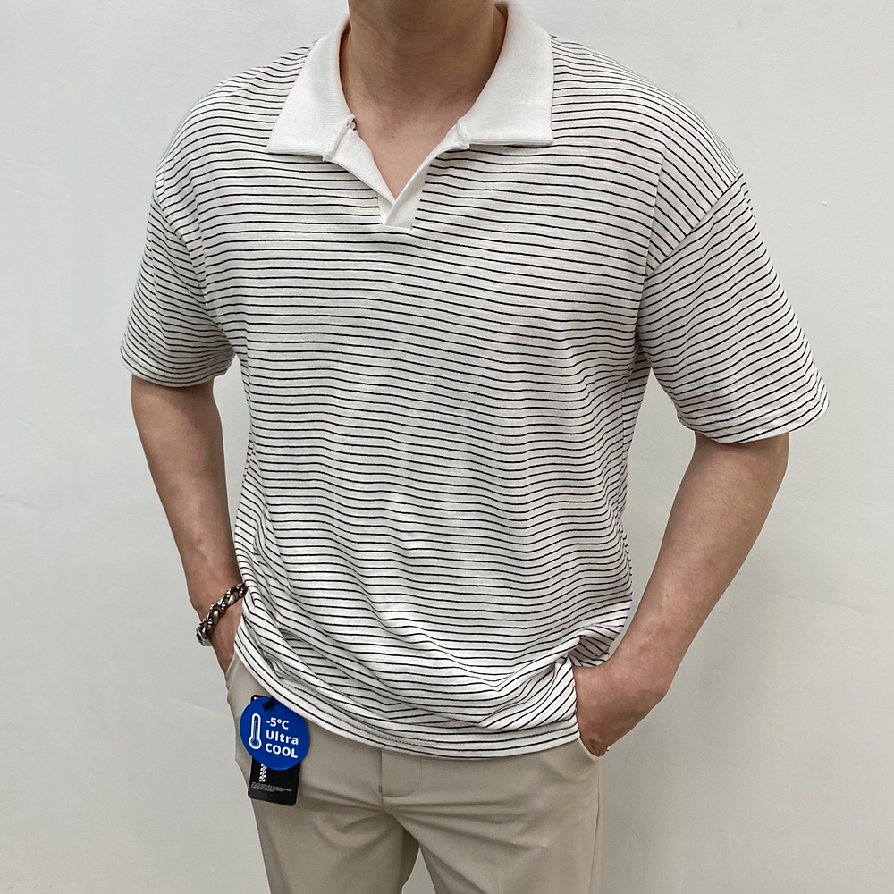 남자 쿨티셔츠 오픈카라 배색 스트라이프 반팔 이미지 4