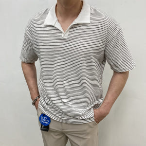 남자 쿨티셔츠 오픈카라 배색 스트라이프 반팔 착용 후기 | 사이즈/핏 총정리 - 상품 이미지 4
