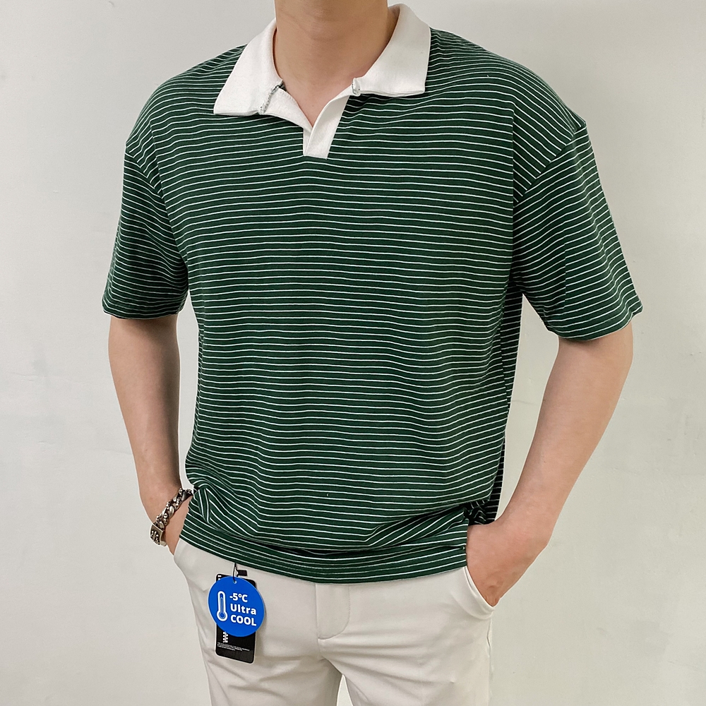 남자 쿨티셔츠 오픈카라 배색 스트라이프 반팔 이미지 2