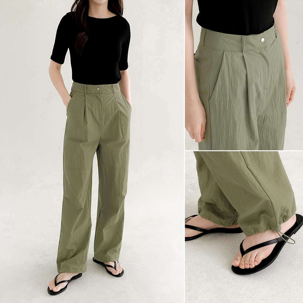 스트링 바스락팬츠 나일론 핀턱 세미 와이드팬츠 여자 여름바지 조거팬츠 썸머 통바지 카키 - 상품 이미지