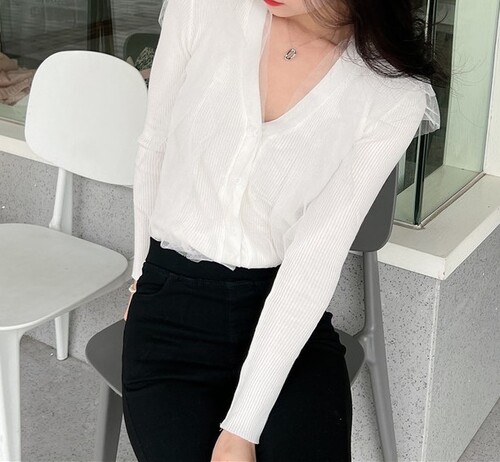 여자여자몰 망사날개 슬림핏 긴팔 골지니트숏가디건 봄 이너카디건 여신 이미지 4