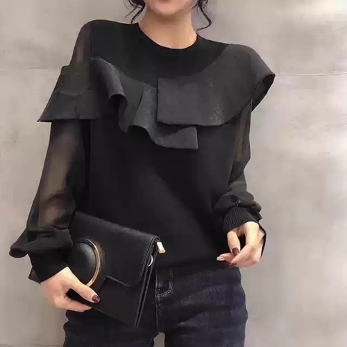 특이 우아 사선프릴 시스루소매 간절기 라운드넥 니트블라우스 계절용신상 아나운서 쇼호스트 77 - 상품 이미지