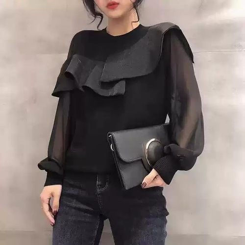 특이 우아 사선프릴 시스루소매 간절기 라운드넥 니트블라우스 계절용신상 아나운서 쇼호스트 77 - 상세 이미지 2