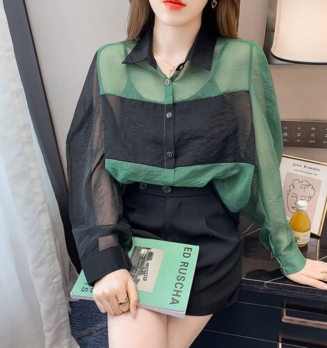 여자여자몰 은은한섹시 볼륨소매 배색자켓 여름 블라우스겸용 쁘띠아우터 이미지 4